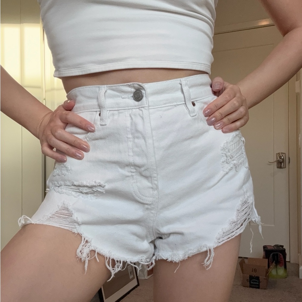 High-Waist White Distressed Denim Shorts